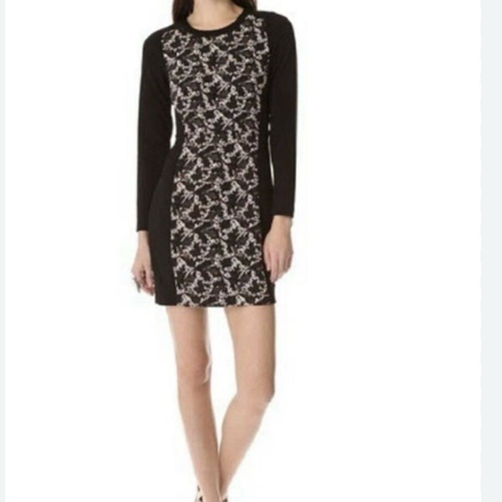 CLUB MONACO Wom Sz 2 Ashton Dress Ponte Knit Black Exposed Zip Leaf Print Black